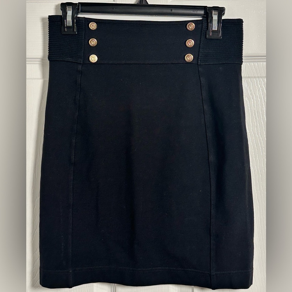 Express Women's Black Pencil Skirt‎ Size 4 Stretchy Gold Buttons Back Zip